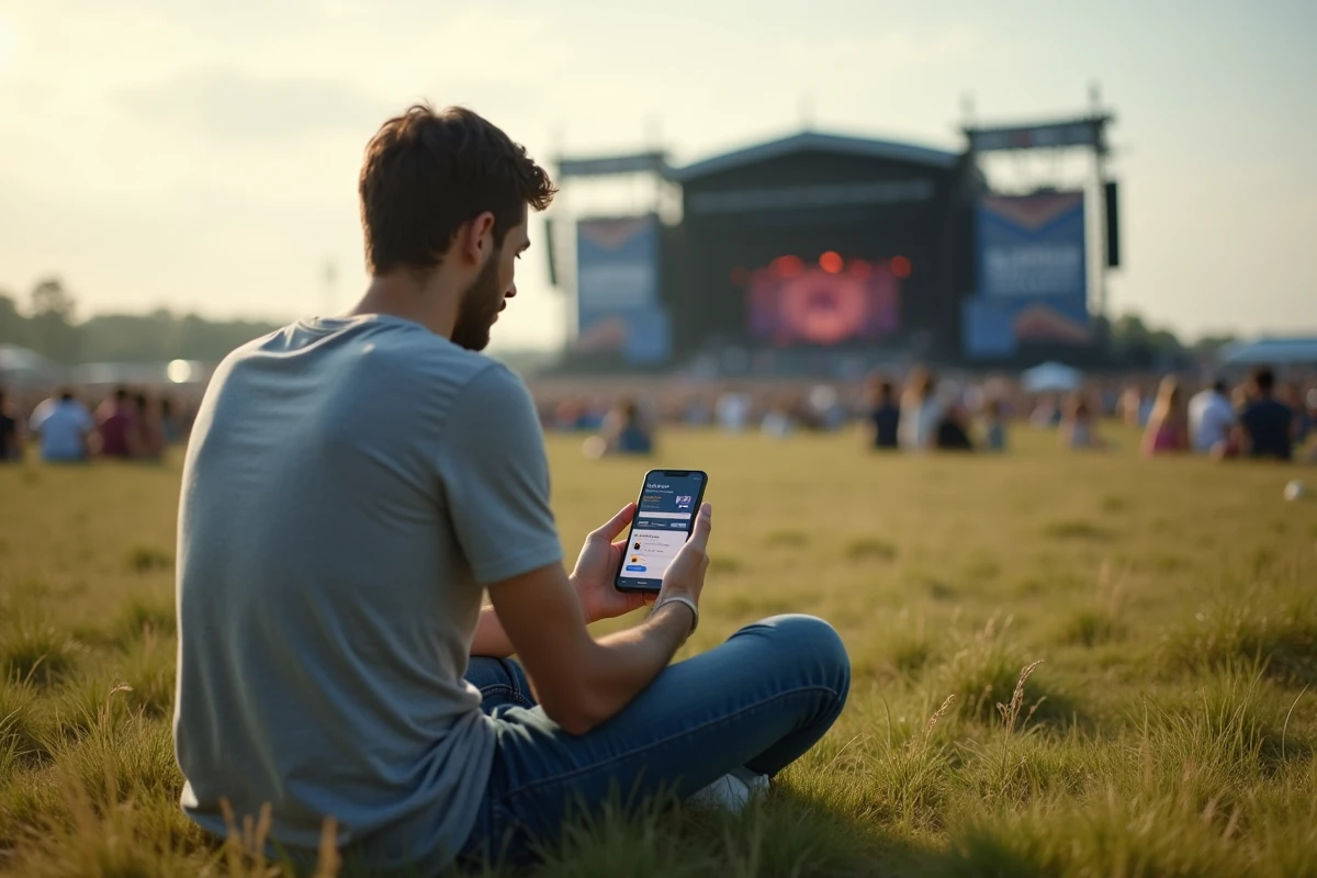 Festivalier consultant l'application de billetterie en ligne sur smartphone au camping du festival Vieilles Charrues