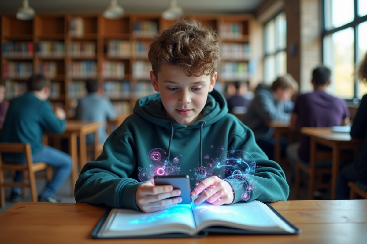 Adolescent utilisant AR sur un livre à la bibliothèque