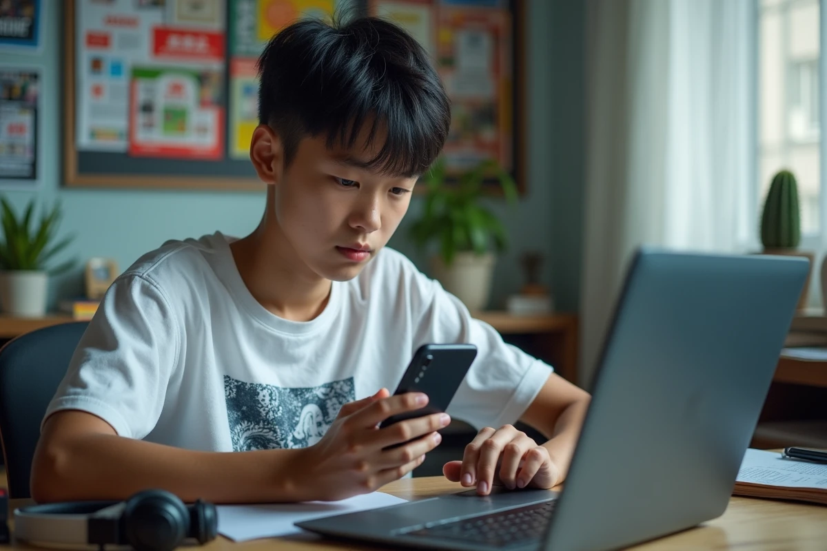 Adolescent utilisant un smartphone pour lire des scans manga avec un logiciel antivirus ouvert sur son ordinateur, illustrant les bonnes pratiques de cybersécurité pour les lecteurs de manga en ligne