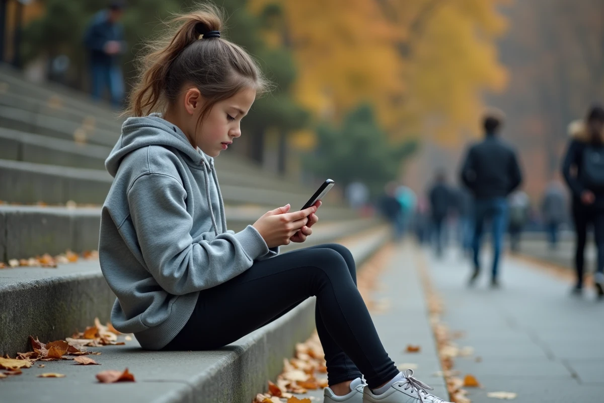 Adolescente concentrée sur son téléphone dans un parc urbain