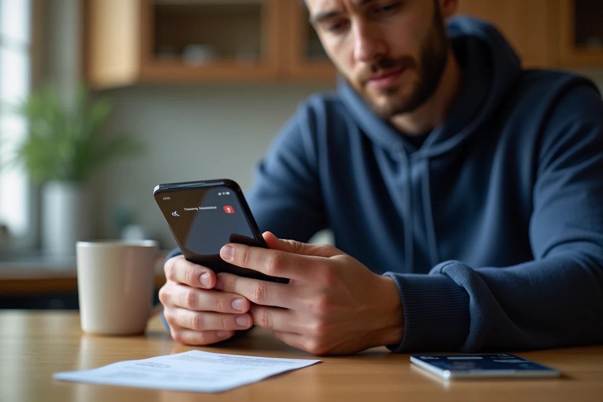 Homme consultant l'application fidélité Carrefour sur smartphone avec une carte de fidélité sur la table