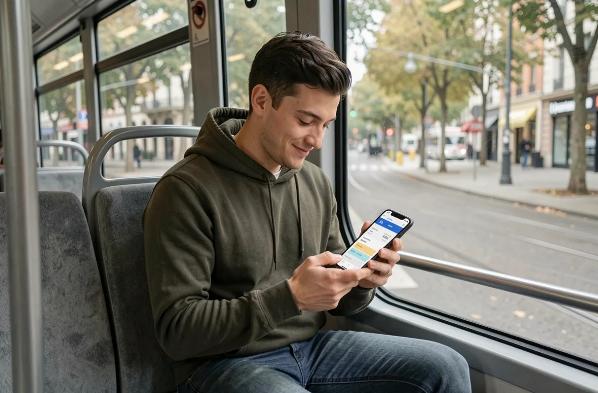 Jeune homme consultant une application mobile de tarifs dans un tramway de Bordeaux