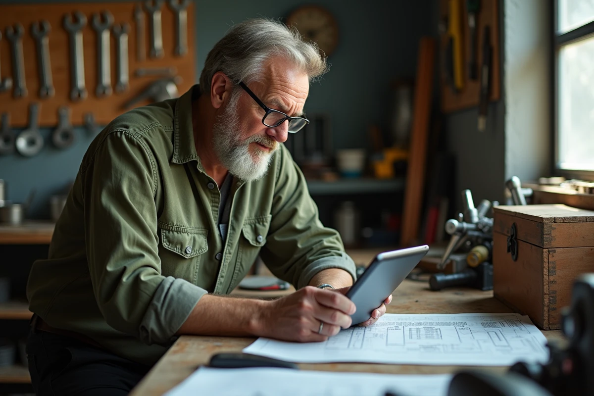 Artisan consultant le site lelabdubricoleur sur une tablette dans son garage atelier