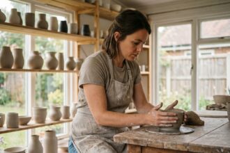 Femme artisan créant de la poterie dans un atelier lumineux