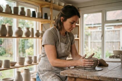 Femme artisan créant de la poterie dans un atelier lumineux