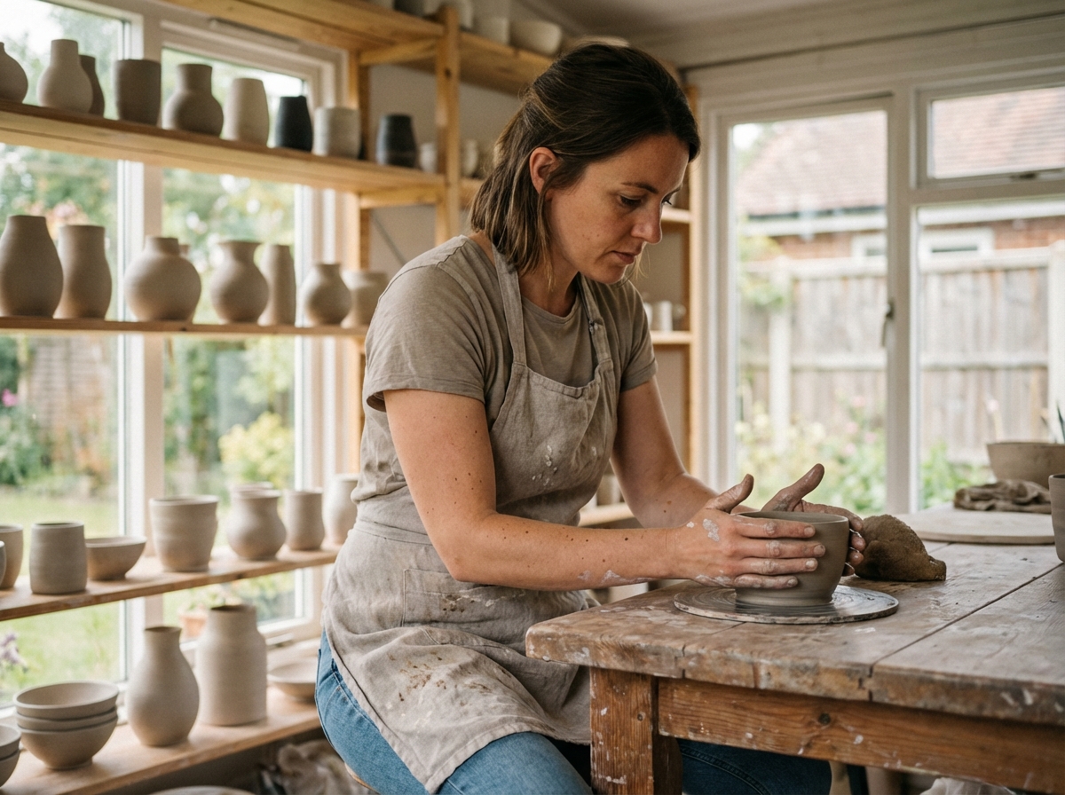 Femme artisan créant de la poterie dans un atelier lumineux