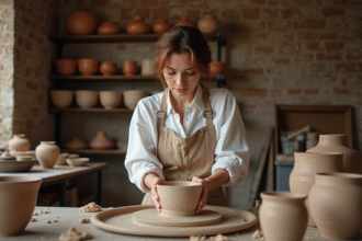 Femme modelant une pièce d'argile sur un tour de potier dans un atelier parisien