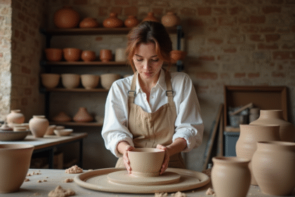 Femme modelant une pièce d'argile sur un tour de potier dans un atelier parisien