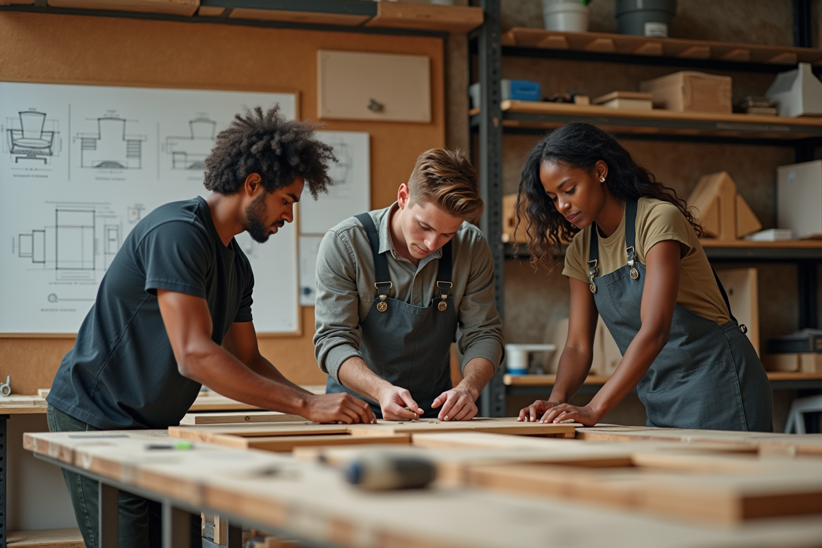 Groupe de jeunes assemblant un meuble en matériaux recyclés