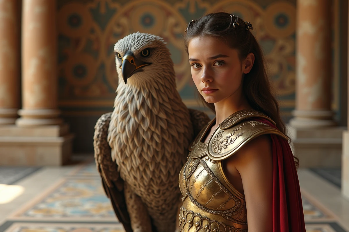 Athena en armure bronze avec un griffon dans une salle antique
