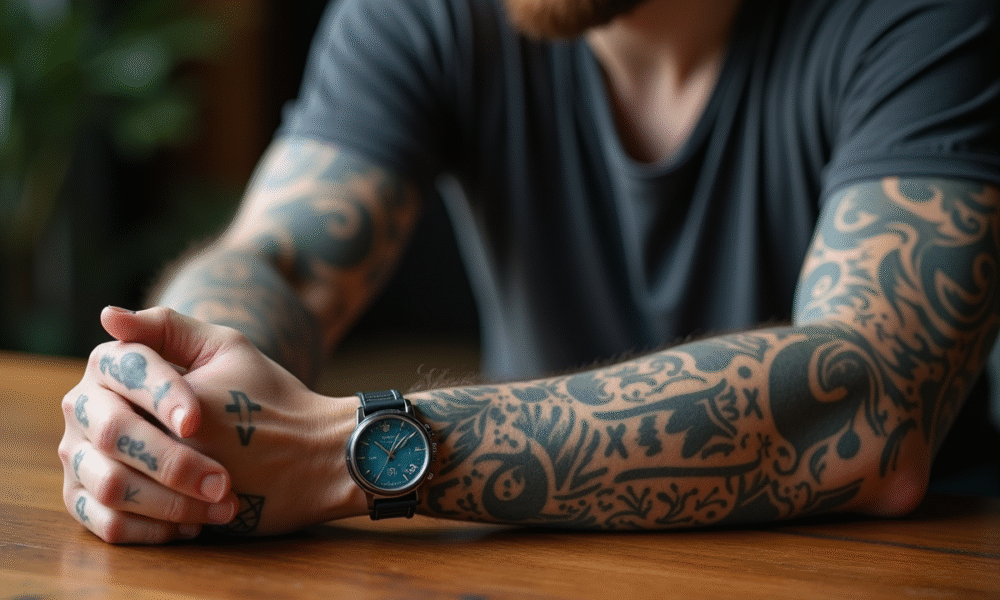 Avant bras tatouages sur un fond en bois naturel
