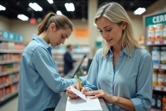Femme remplissant un formulaire d'avis client au comptoir d'un supermarché Carrefour