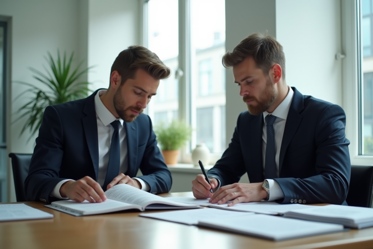 Deux avocats discutant de documents Article 700 CPC dans un bureau lumineux