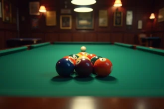 Vue plongeante sur un billard avec onze billes colorées en formation triangulaire sur un tapis vert dans une salle de billard traditionnelle