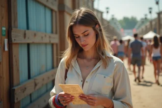 Festivalière tenant son billet papier à l'entrée du festival des Vieilles Charrues, wristband coloré au poignet