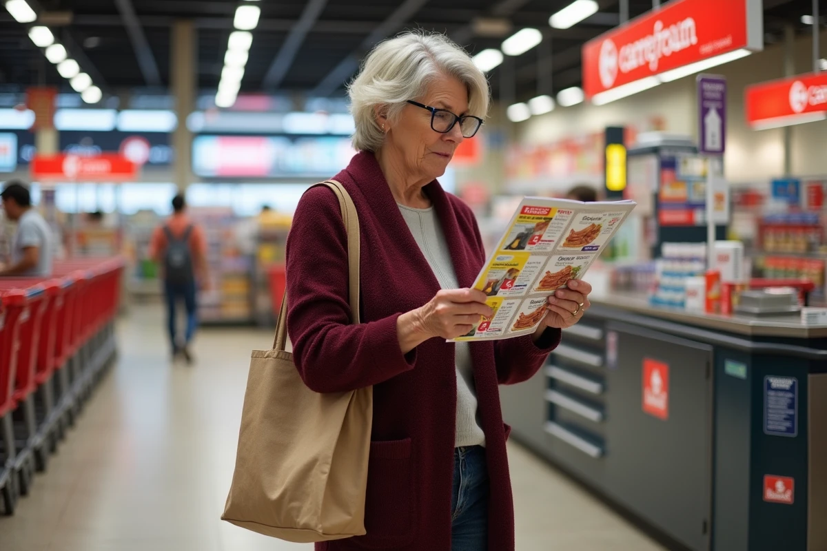Femme consultant des bons de réduction Carrefour à l'entrée d'un hypermarché