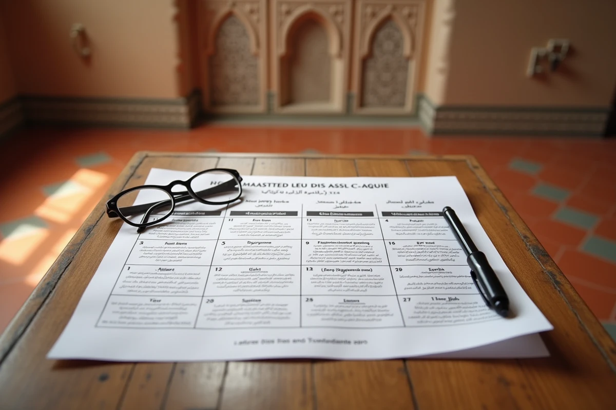 Calendrier PDF imprimé des horaires de prière de Nîmes posé sur une table avec stylo et lunettes