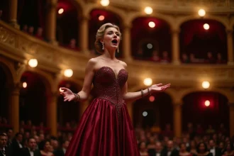 Cantatrice célèbre en robe de soie bordeaux chantant un opéra sur scène dans un opéra historique aux balcons dorés