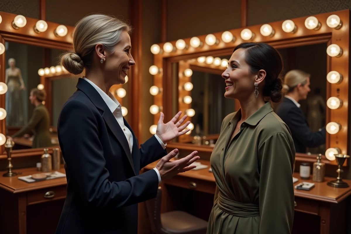 Deux chanteuses lyriques en discussion dans une loge d'opéra avec costumes et miroir de scène en arrière-plan
