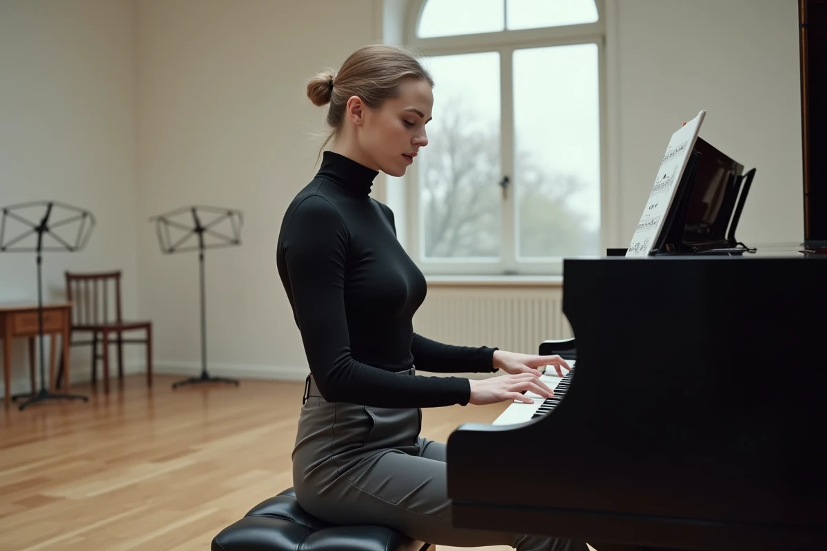 Chanteuse d'opéra en répétition au piano dans une salle de conservatoire avec partitions et fenêtre en arc