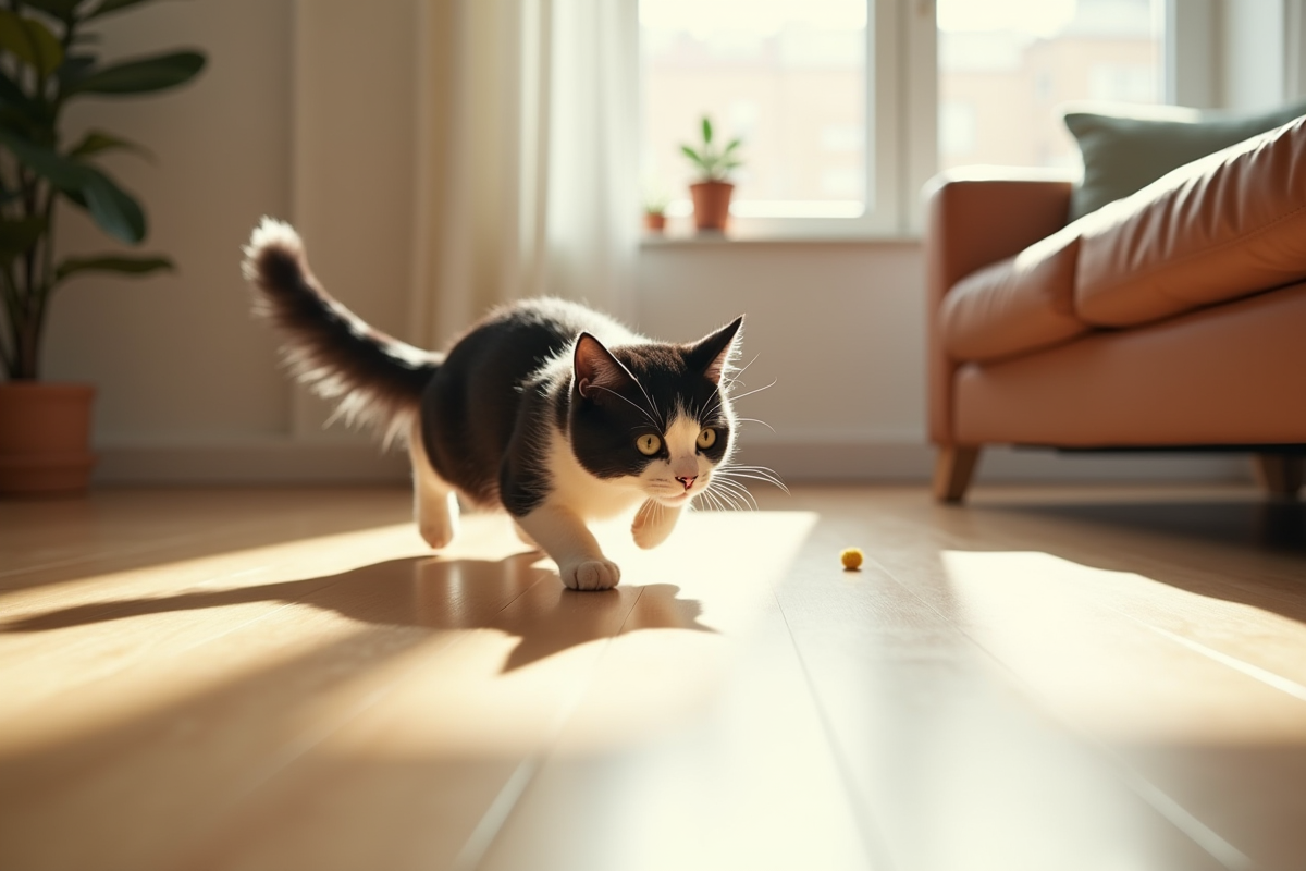 Chat noir et blanc jouant avec un rayon de soleil dans un salon lumineux