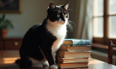 Chat noir et blanc sur des livres anciens en lumière naturelle