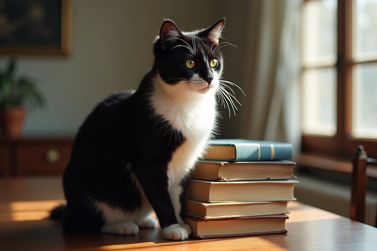 Chat noir et blanc sur des livres anciens en lumière naturelle