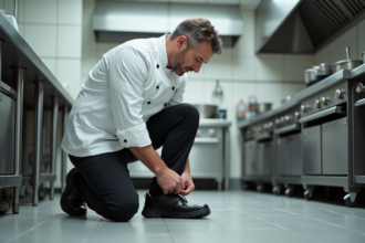 Chef d age moyen nouant ses chaussures de securite dans la cuisine