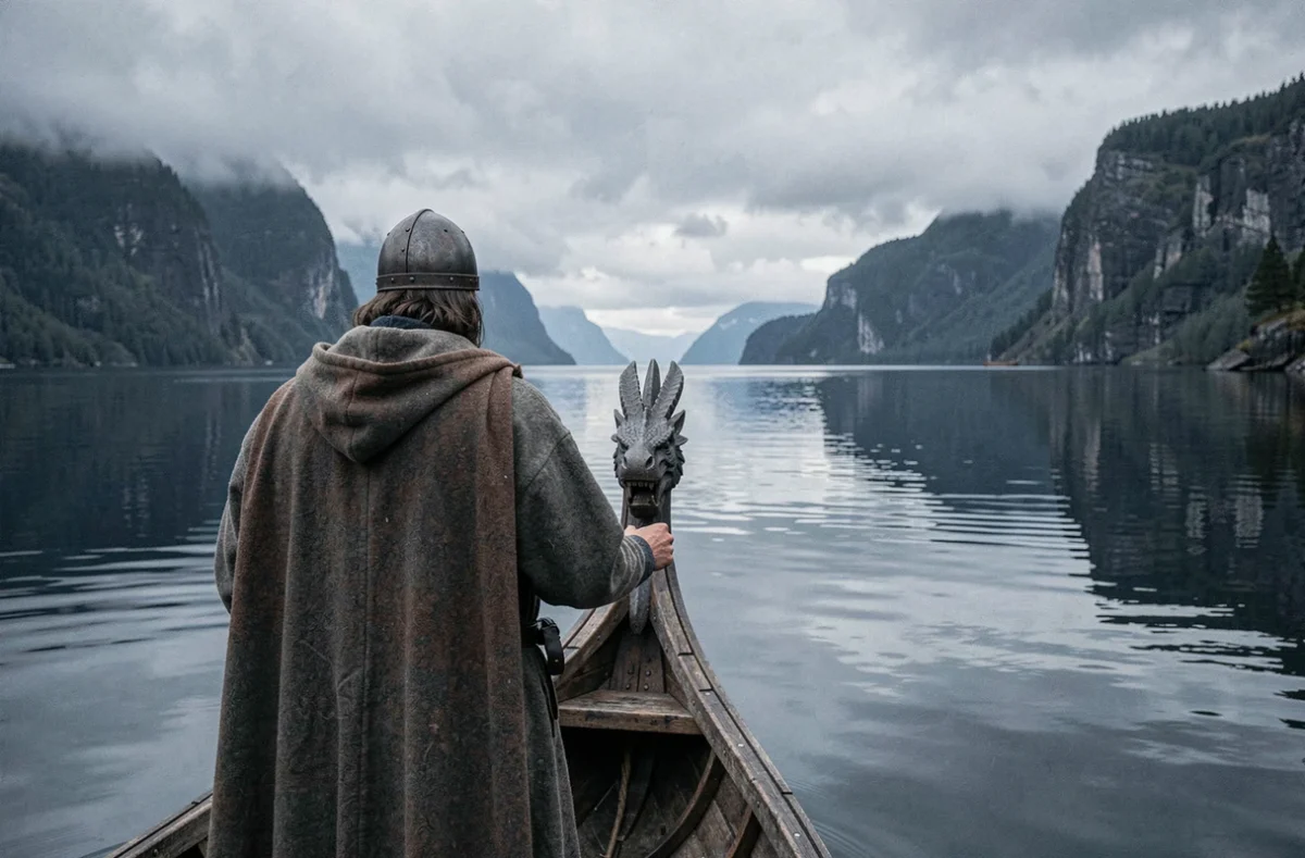 Chef viking solitaire à la proue d'un drakkar naviguant sur un fjord norvégien brumeux