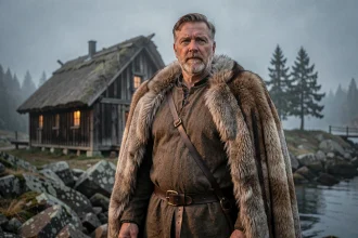 Chef viking au regard autoritaire devant une maison longue nordique dans un village côtier brumeux