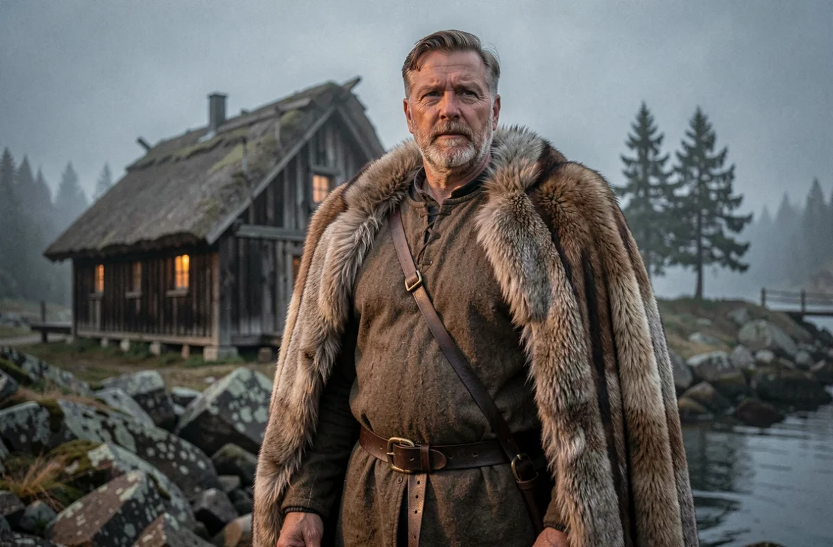 Chef viking au regard autoritaire devant une maison longue nordique dans un village côtier brumeux