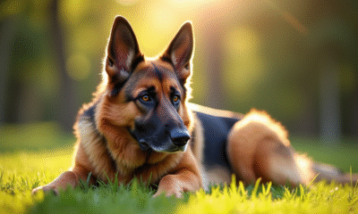 Chien German Shepherd âgé reposant dans un parc ensoleille