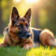 Chien German Shepherd âgé reposant dans un parc ensoleille