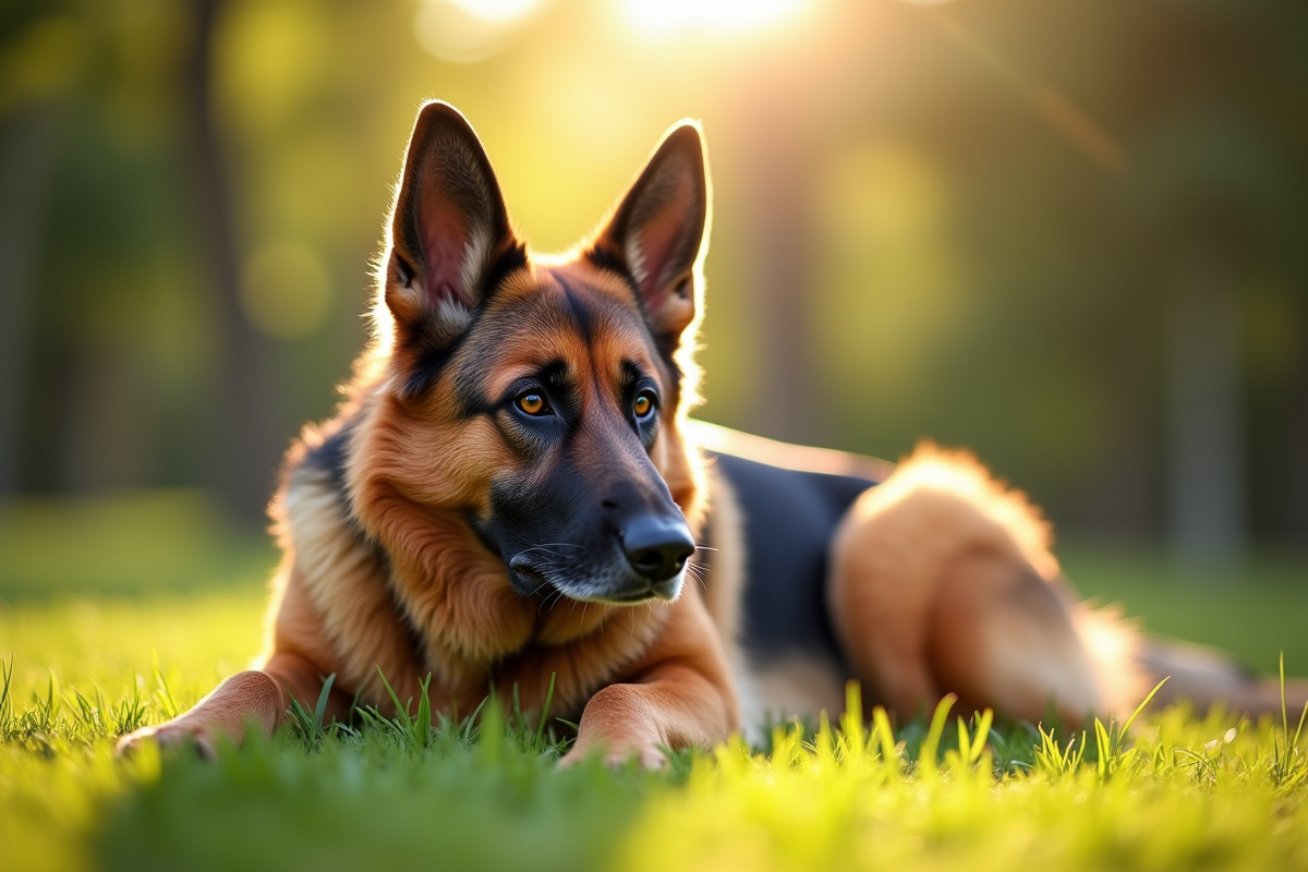 Chien German Shepherd âgé reposant dans un parc ensoleille