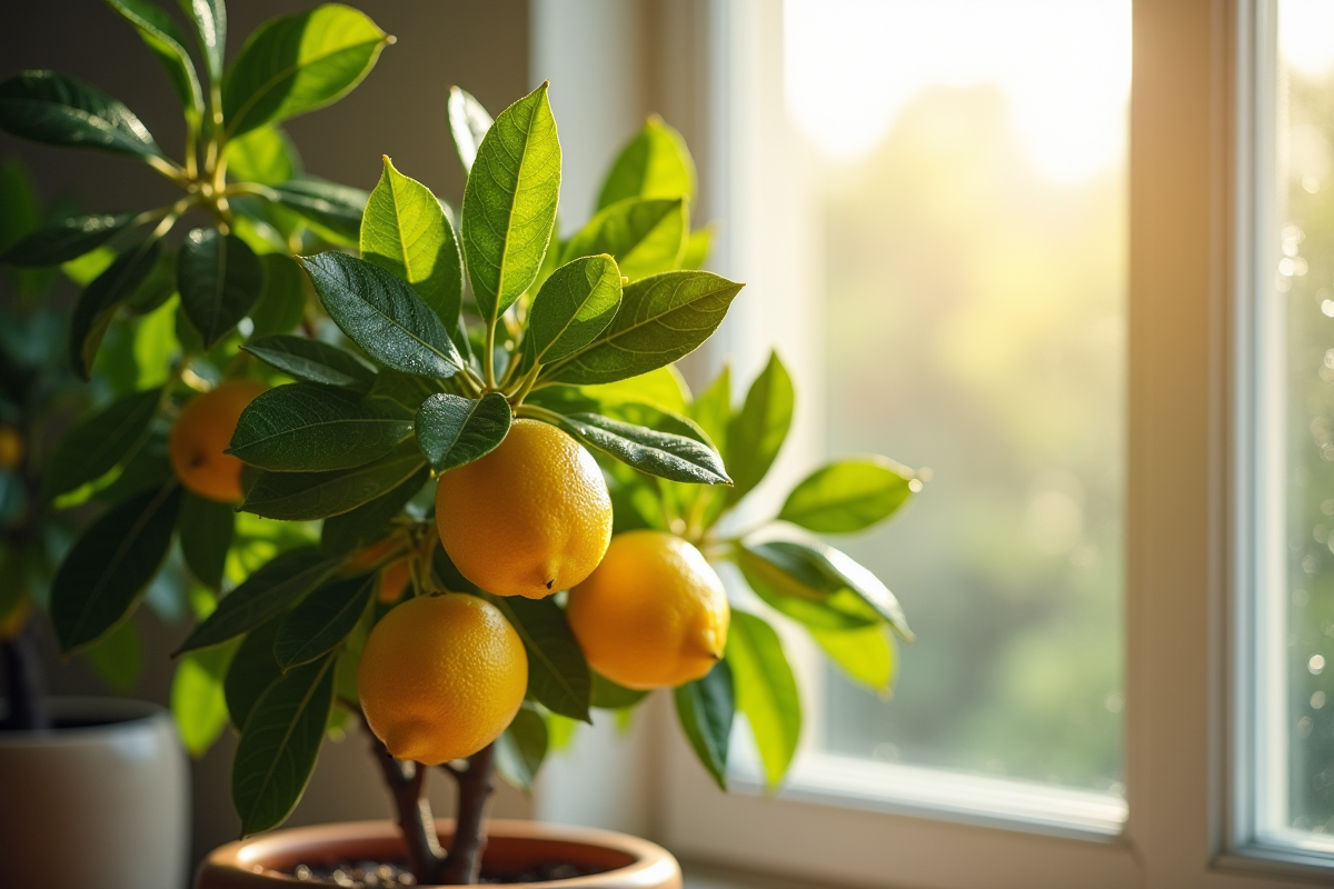 Citronnier en pot près d'une fenêtre lumineuse avec citrons éclatants