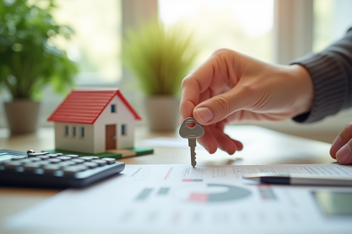 Main tenant une clé de maison avec modèle et calculatrice