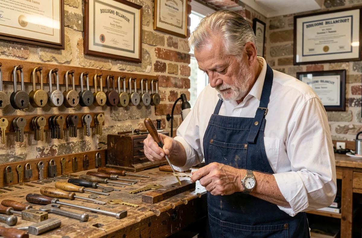Artisan serrurier Clément Père et Fils travaillant dans son atelier traditionnel à Boulogne-Billancourt
