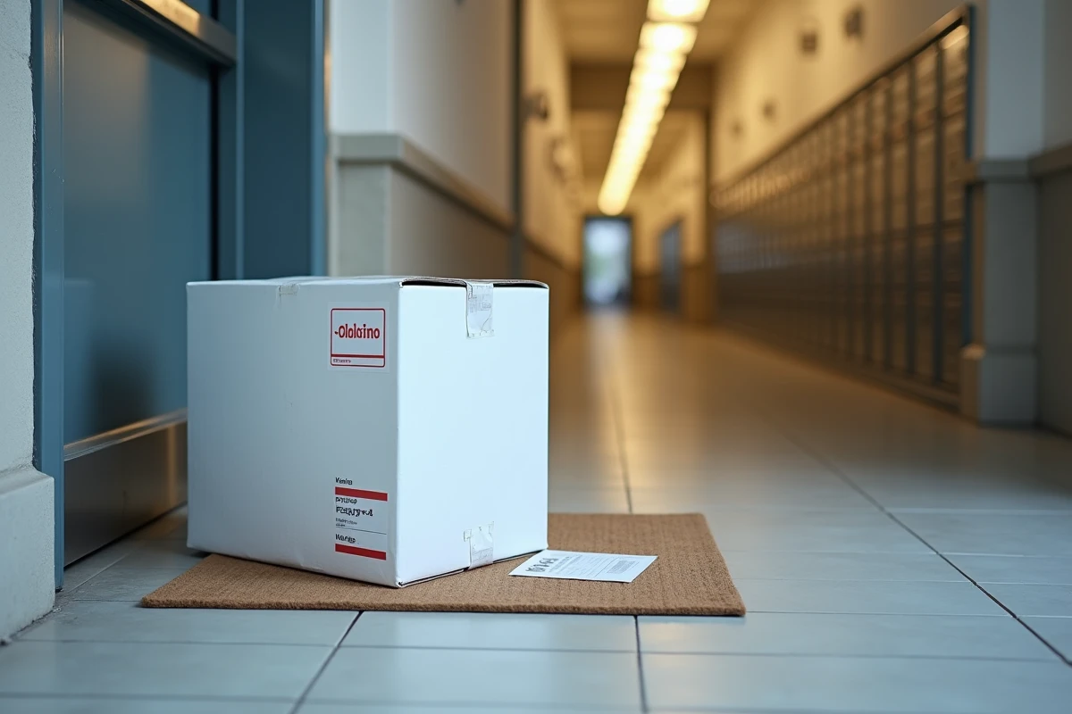 Colis Colissimo déposé devant une porte avec un avis de passage dans le couloir d'un immeuble résidentiel français