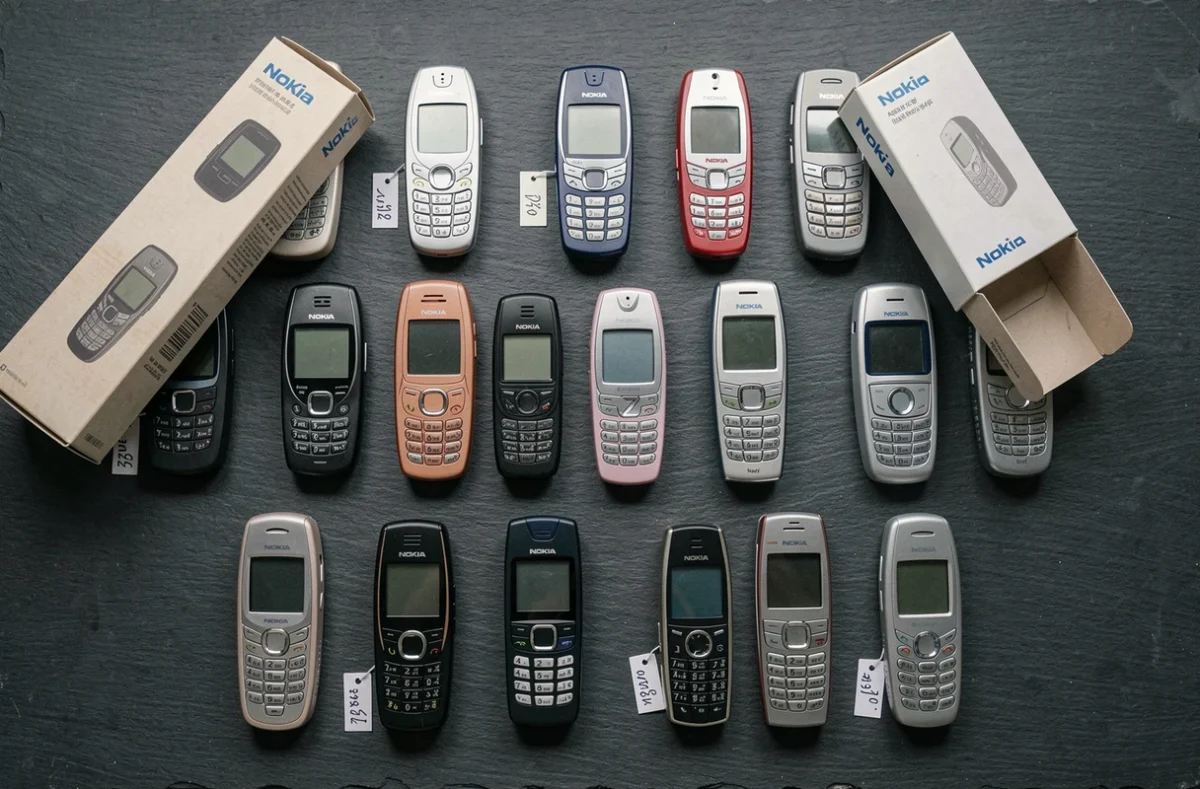Collection de Nokia anciens modèles de différentes époques avec étiquettes de prix sur ardoise sombre