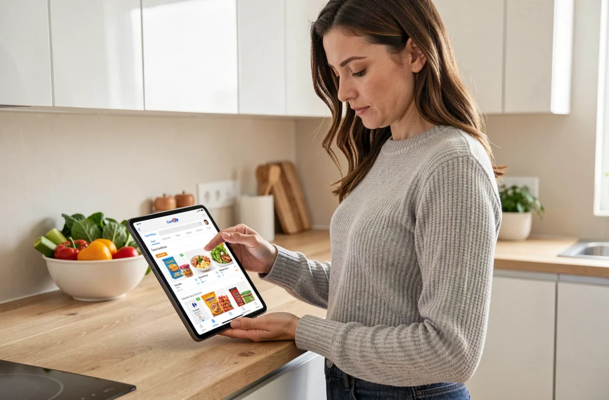 Femme commandant ses courses en ligne sur l'application Carrefour depuis sa cuisine moderne