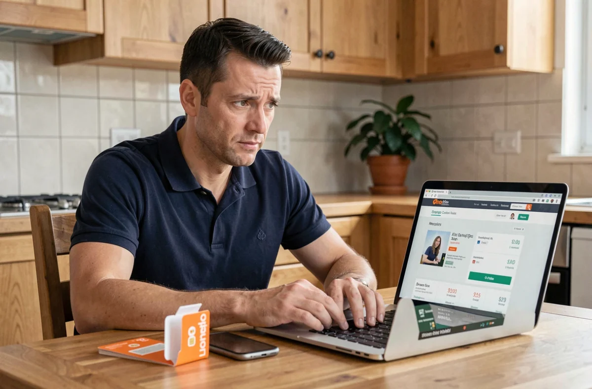 Homme comparant les prix des offres carte SIM Orange sur un ordinateur portable