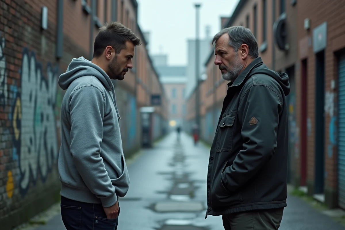Deux hommes en confrontation dans une ruelle urbaine illustrant le concept hobbesien de guerre de tous contre tous