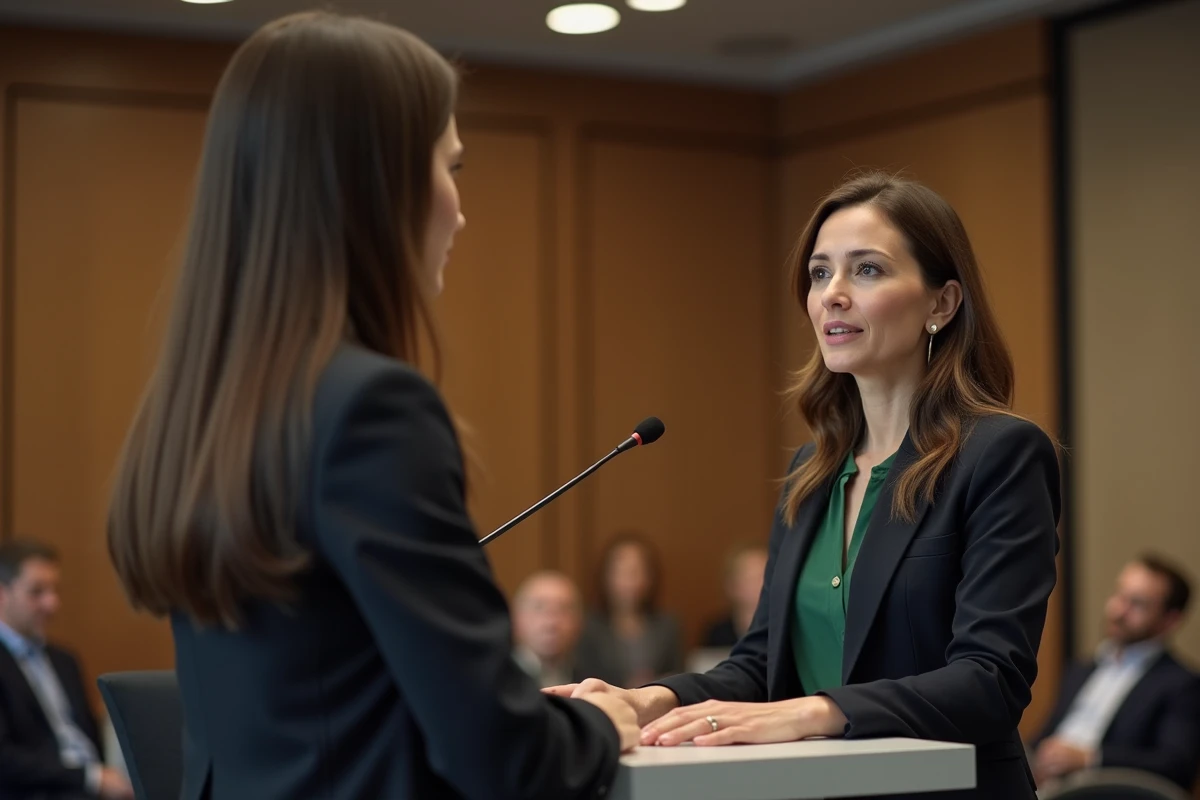Femme conférencière en milieu professionnel lors d'une présentation