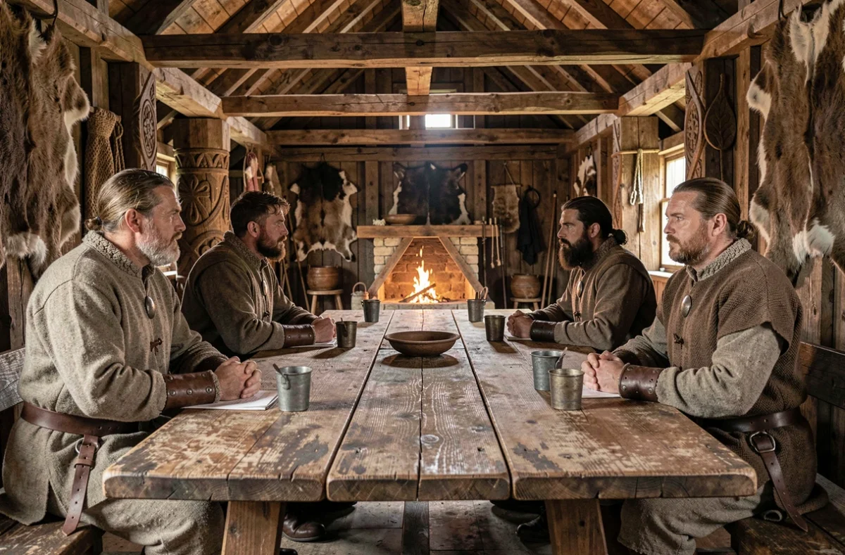 Conseil de guerriers vikings délibérant autour d'une table en bois dans une maison longue historique