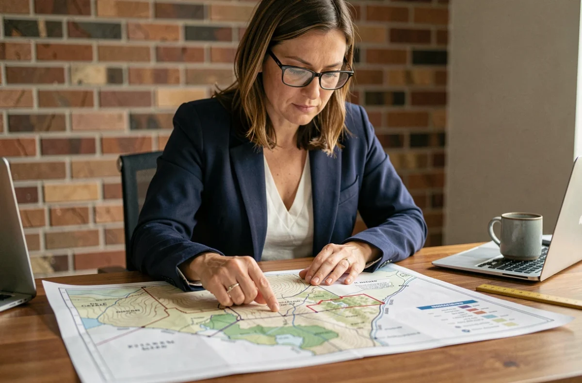 Femme consultante analysant un plan cadastral imprimé sur un bureau en bois pour calculer la superficie en hectares