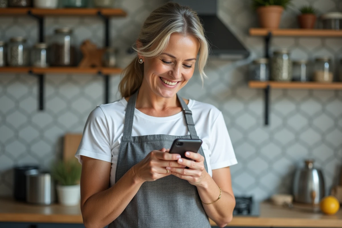 Femme utilisant son smartphone pour contacter lelabdubricoleur depuis son espace bricolage