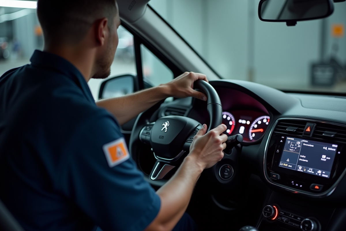 Mécanicien inspectant le tableau de bord Peugeot avec voyant