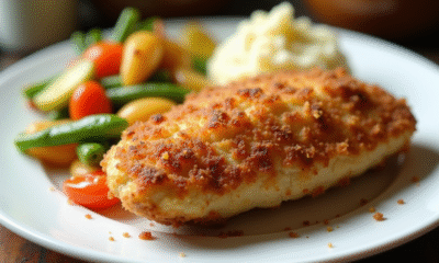 Cordon bleu doré servi avec légumes colorés et purée