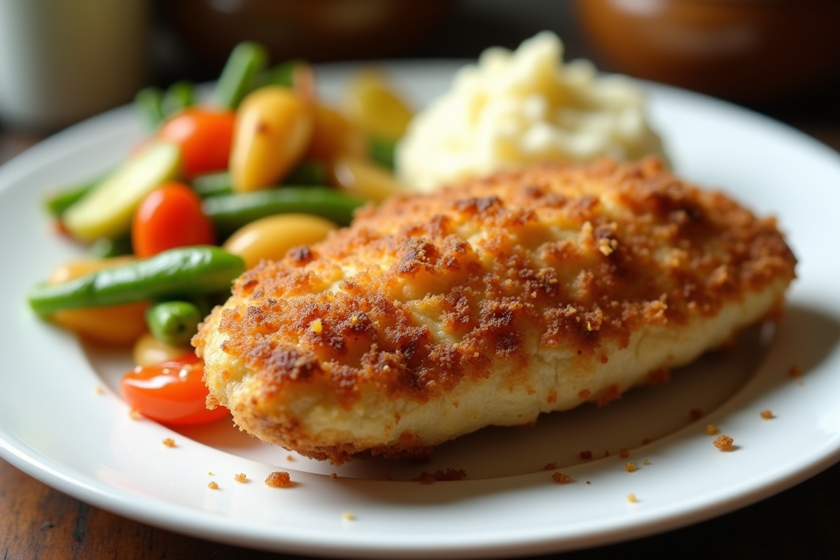 Cordon bleu doré servi avec légumes colorés et purée