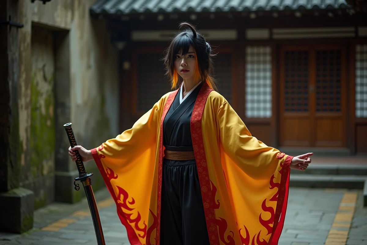 Cosplay détaillé de Rengoku le Pilier des Flammes de Demon Slayer avec haori jaune et rouge dans une cour japonaise